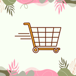 Fast motion online shopping cart icon framed by decorative organic pink and green floral patterns representing e-commerce website development by SAFRA Web Lab.